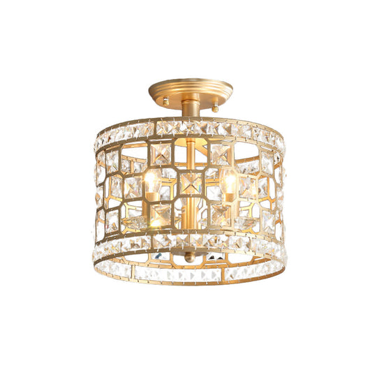 Vintage Gold Crystal Semi Flush Ceiling Light - Hollowed Drum Design, 3/4 Heads, Embedded Fixtures