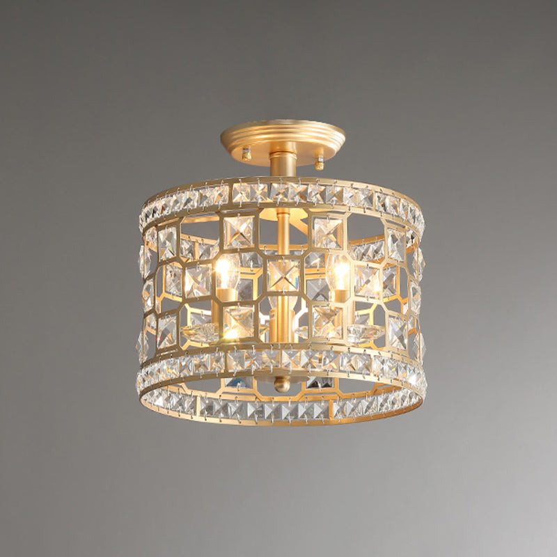 Vintage Gold Crystal Semi Flush Ceiling Light - Hollowed Drum Design, 3/4 Heads, Embedded Fixtures