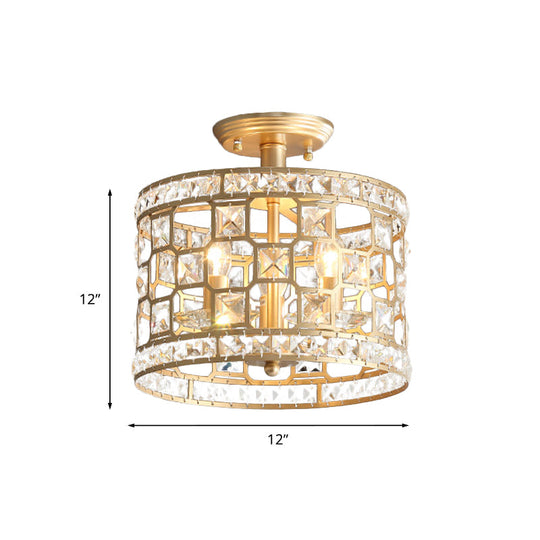 Vintage Gold Crystal Semi Flush Ceiling Light - Hollowed Drum Design, 3/4 Heads, Embedded Fixtures