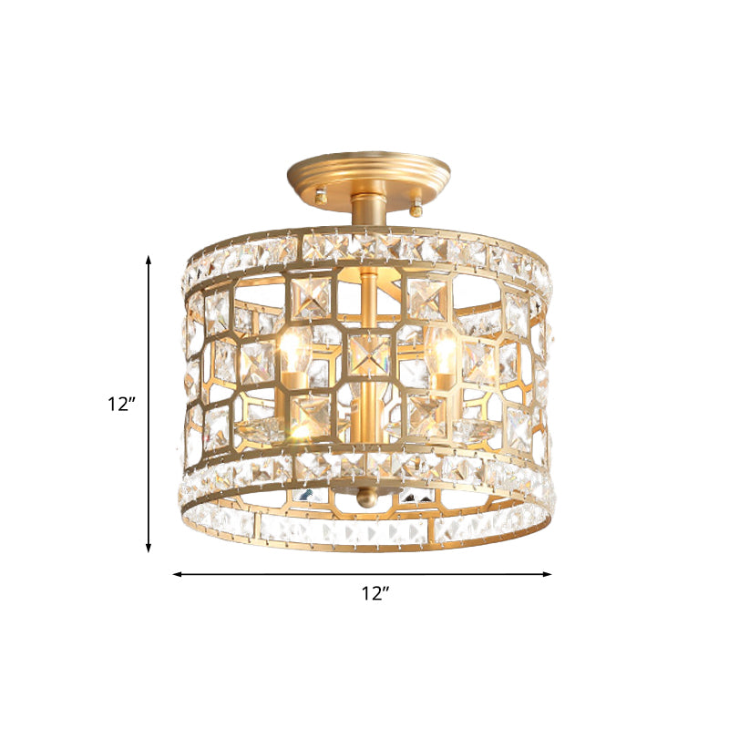 Vintage Gold Crystal Semi Flush Ceiling Light - Hollowed Drum Design 3/4 Heads Embedded Fixtures