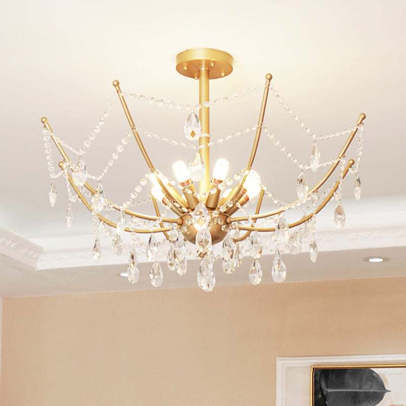 Retro Netting Crystal Strand Semi Flush Chandelier - Gold, 6/8 Bulbs