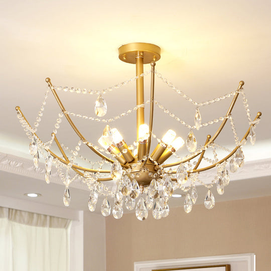 Retro Netting Crystal Strand Semi Flush Chandelier - Gold, 6/8 Bulbs