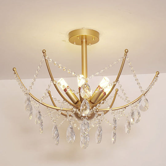 Retro Netting Crystal Strand Semi Flush Chandelier - Gold, 6/8 Bulbs