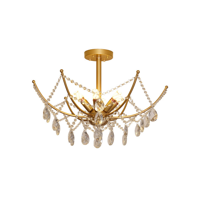 Retro Netting Crystal Strand Semi Flush Chandelier - Gold, 6/8 Bulbs