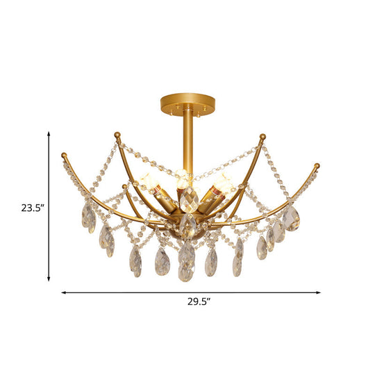 Retro Netting Crystal Strand Semi Flush Chandelier - Gold, 6/8 Bulbs