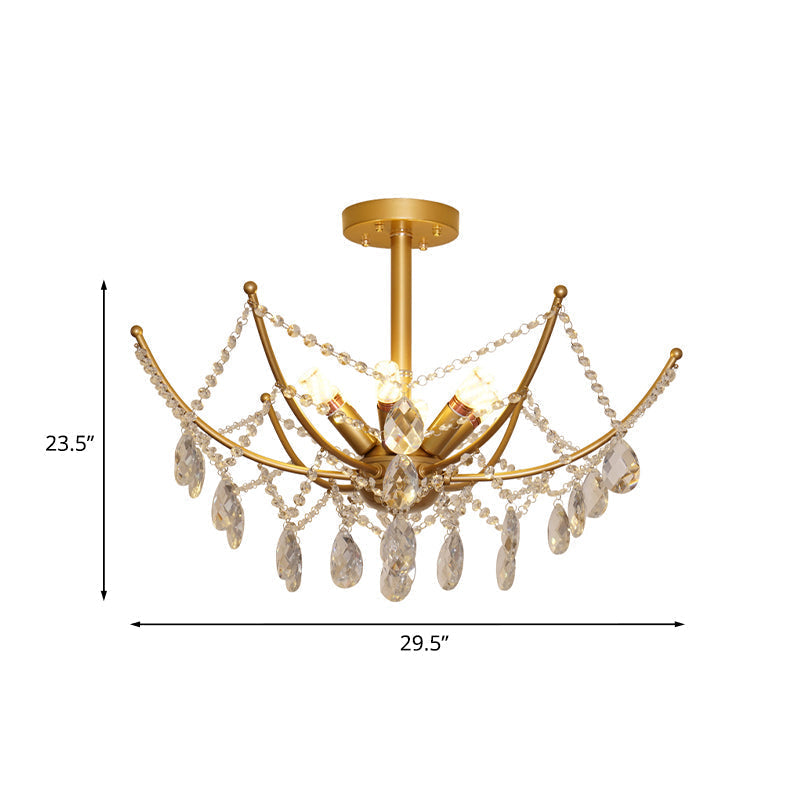 Retro Netting Crystal Strand Semi Flush Chandelier - Gold 6/8 Bulbs