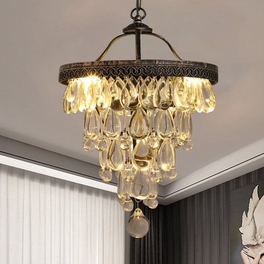 Teardrop Crystal Chandelier - Clear Countryside Décor 3-Light Bronze Hanging Light With Layered