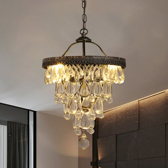 Teardrop Crystal Chandelier - Clear Countryside Décor 3-Light Bronze Hanging Light With Layered