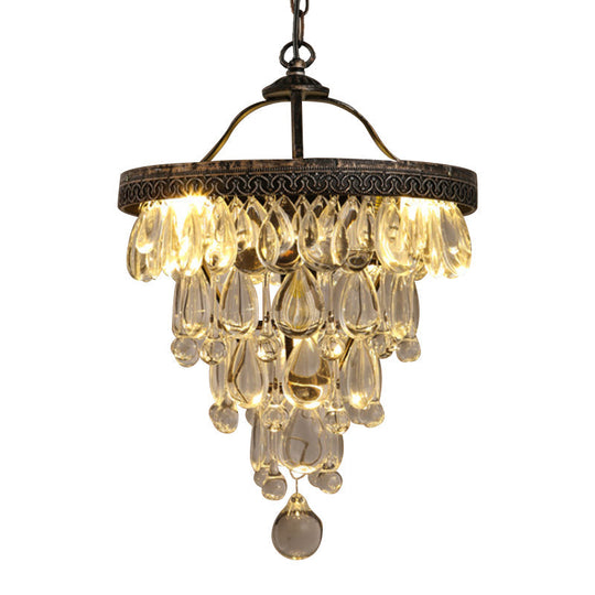 Teardrop Crystal Chandelier - Clear Countryside Décor 3-Light Bronze Hanging Light With Layered