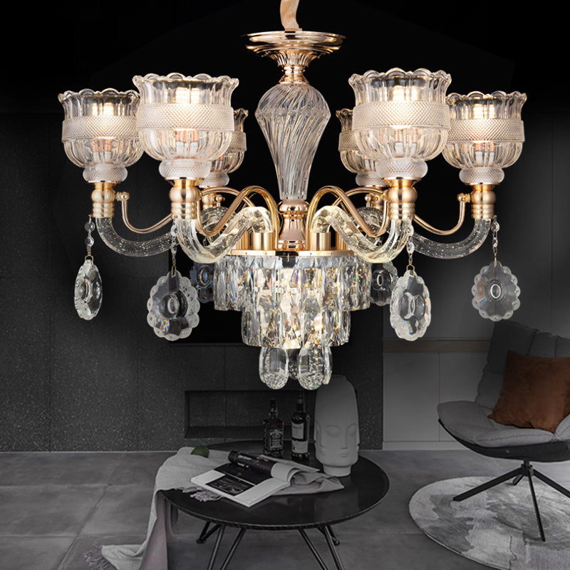 Clear Crystal Chandelier Lighting Fixture - 7-Bulb Rural Gold Scalloped Bowl Pendant For Dining Room