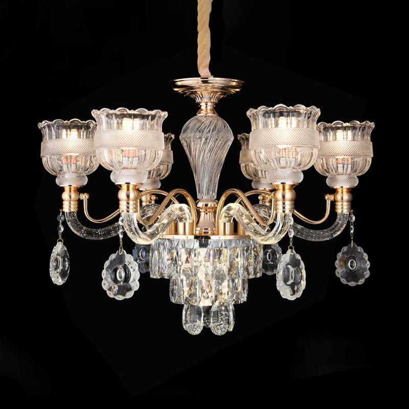 Clear Crystal Chandelier Lighting Fixture - 7-Bulb Rural Gold Scalloped Bowl Pendant For Dining Room