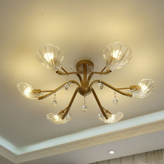 Gold Scalloped Shell Semi Flush Mount Crystal Chandelier - Countryside Parlor Ceiling Light 6/8-Light