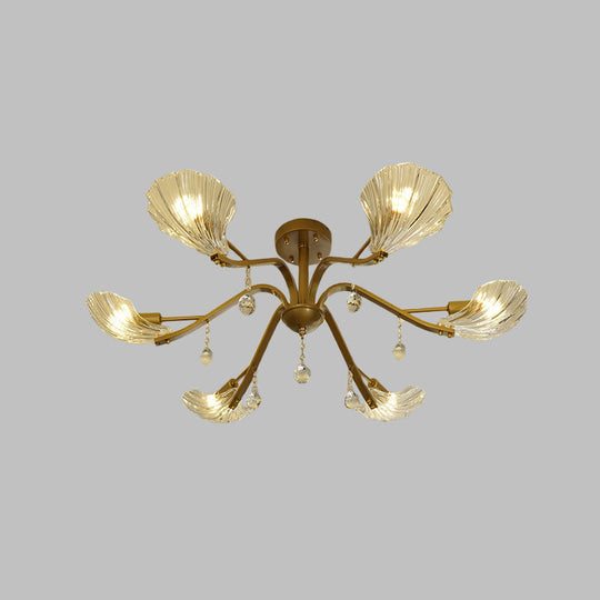 Gold Scalloped Shell Semi Flush Mount Crystal Chandelier - Countryside Parlor Ceiling Light 6/8-Light