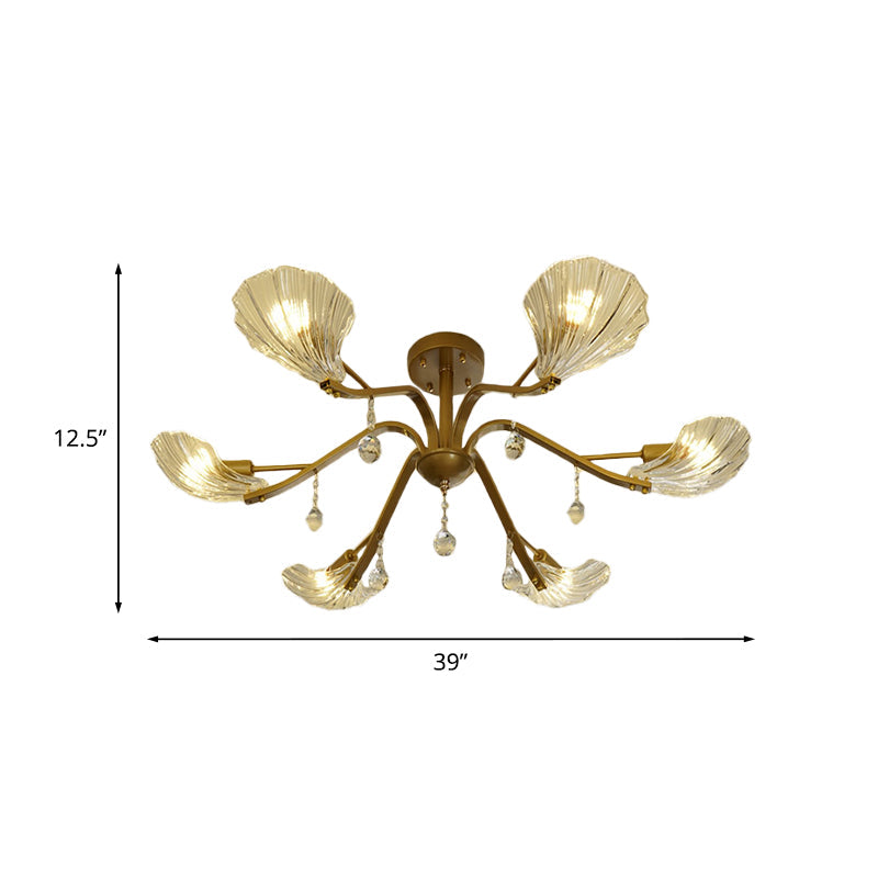 Gold Scalloped Shell Semi Flush Mount Crystal Chandelier - Countryside Parlor Ceiling Light 6/8-Light