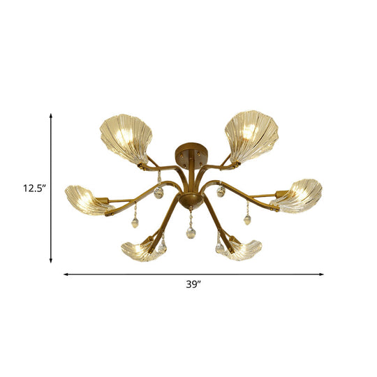 Gold Scalloped Shell Semi Flush Mount Crystal Chandelier - Countryside Parlor Ceiling Light 6/8-Light