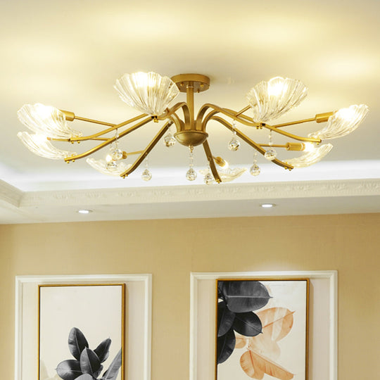 Gold Scalloped Shell Semi Flush Mount Crystal Chandelier - Countryside Parlor Ceiling Light 6/8-Light