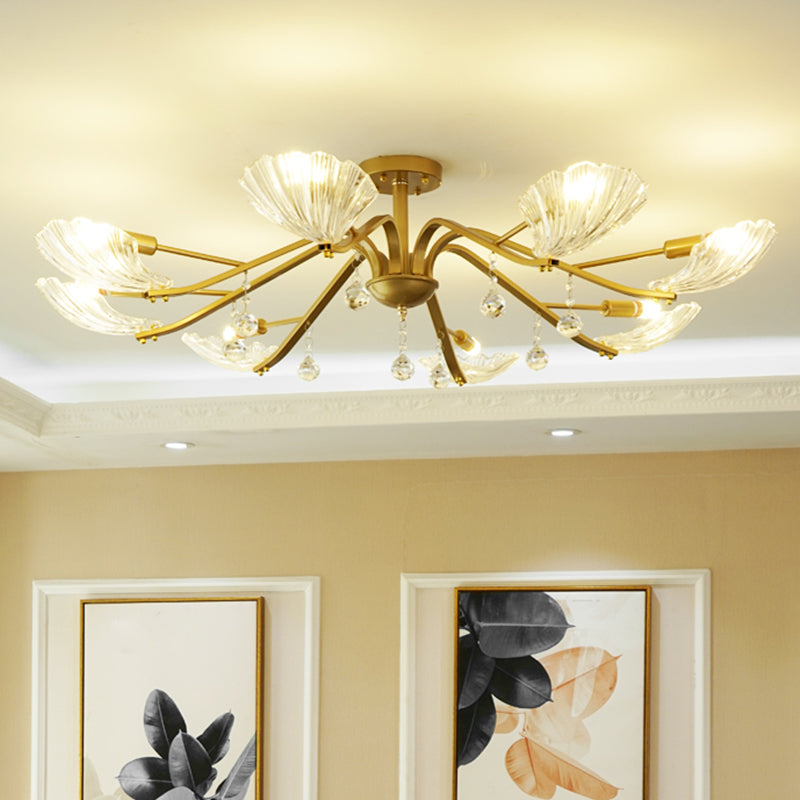 Gold Scalloped Shell Semi Flush Mount Crystal Chandelier - Countryside Parlor Ceiling Light