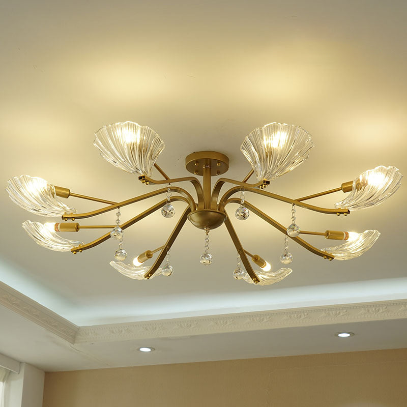 Gold Scalloped Shell Semi Flush Mount Crystal Chandelier - Countryside Parlor Ceiling Light 6/8-Light