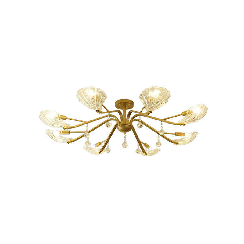 Gold Scalloped Shell Semi Flush Mount Crystal Chandelier - Countryside Parlor Ceiling Light 6/8-Light