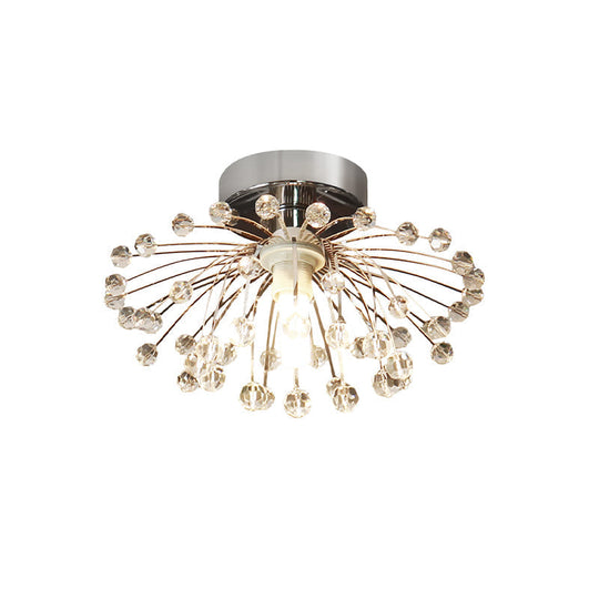 Modern Crystal Bead Starburst Foyer Mini Semi Flush Light Ceiling Lamp