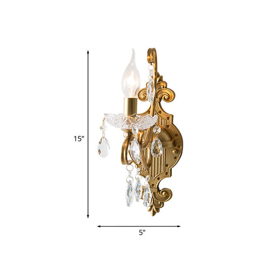 Gold Iron Wall Sconce With Crystal Drape - Antique 1/2-Light Candlestick Lamp