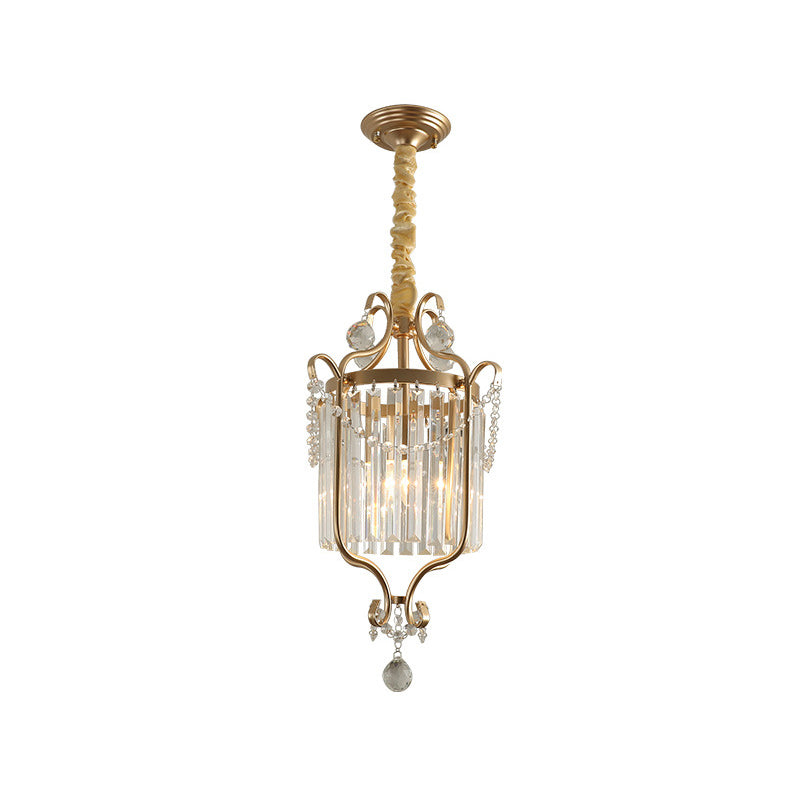 Country Style 1-Head Gold Pendant: Cylindrical K9 Crystal Hanging Lamp For Dining Room Downlighting