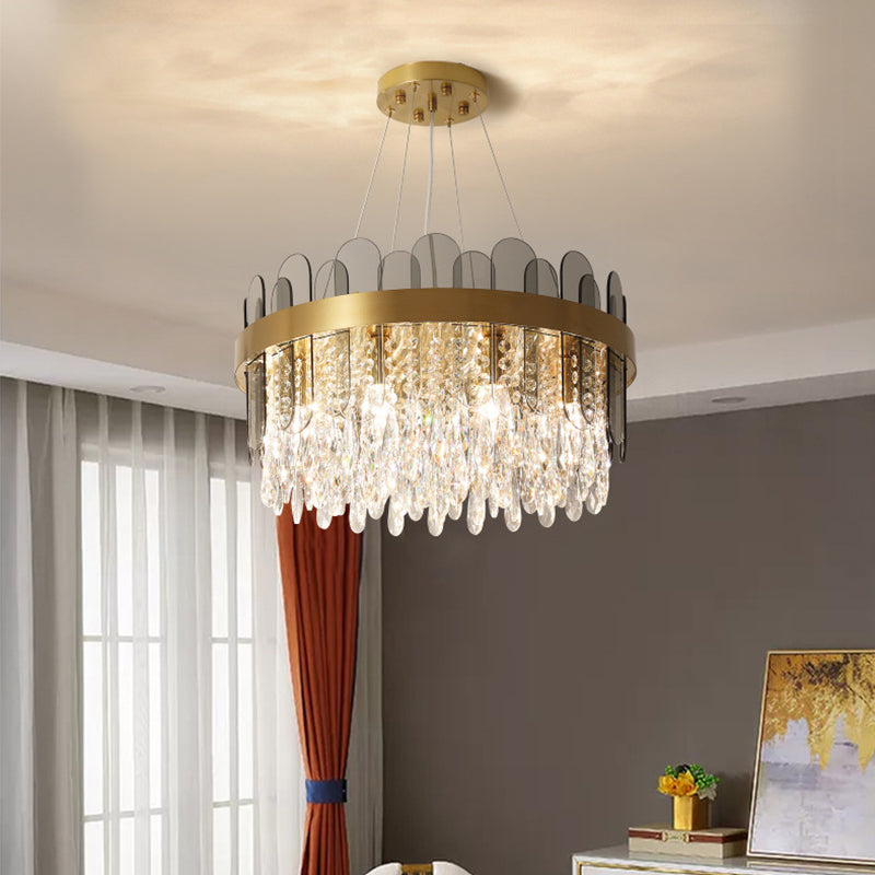 Retro Crystal Drum Chandelier - Gold Finish Pendant Light Fixture For Dining Room Ceiling Oval Panel