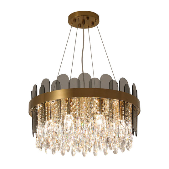 Retro Crystal Drum Chandelier - Gold Finish Pendant Light Fixture For Dining Room Ceiling Oval Panel