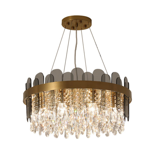 Retro Crystal Drum Chandelier - Gold Finish Pendant Light Fixture For Dining Room Ceiling Oval Panel