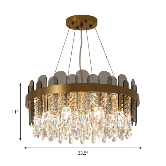 Retro Crystal Drum Chandelier - Gold Finish Pendant Light Fixture For Dining Room Ceiling Oval Panel