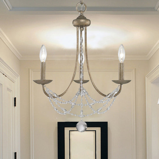 Traditional Silver Candelabra Pendant Lamp With Crystal Strand Deco - Metallic Hanging Chandelier