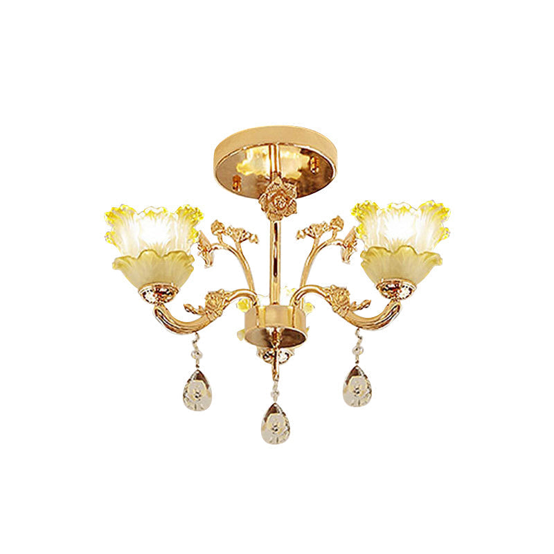 Classic Gold Lotus Crystal 3-Light Semi Flush Mount for Dining Room Ceiling Lighting