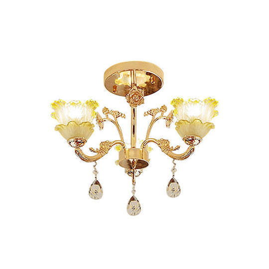 Classic Gold Lotus Crystal 3-Light Semi Flush Mount For Dining Room Ceiling Lighting