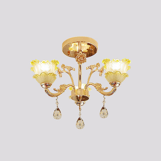 Classic Gold Lotus Crystal 3-Light Semi Flush Mount for Dining Room Ceiling Lighting