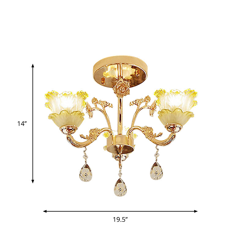 Classic Gold Lotus Crystal 3-Light Semi Flush Mount for Dining Room Ceiling Lighting