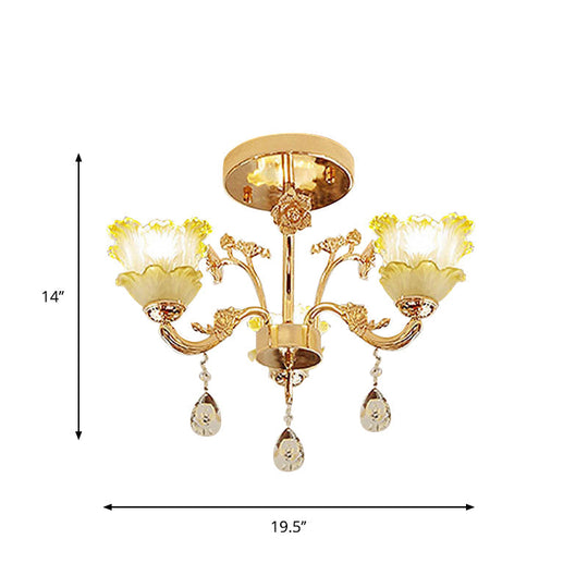 Classic Gold Lotus Crystal 3-Light Semi Flush Mount For Dining Room Ceiling Lighting