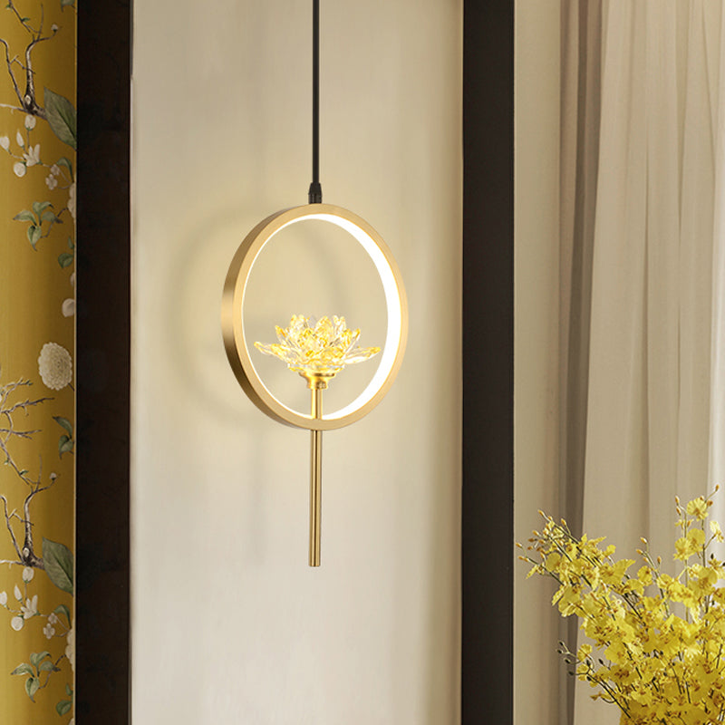 Gold Lotus Crystal Led Pendant Lamp With Minimalistic Design And Ring Arm