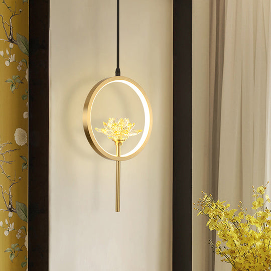 Gold Lotus Crystal Led Pendant Lamp With Minimalistic Design And Ring Arm