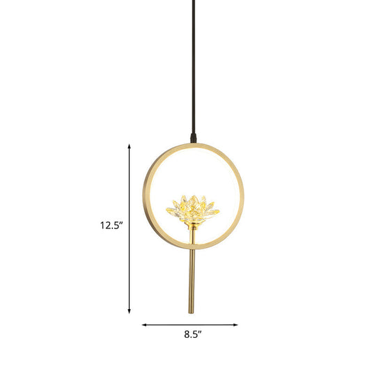 Gold Lotus Crystal Led Pendant Lamp With Minimalistic Design And Ring Arm