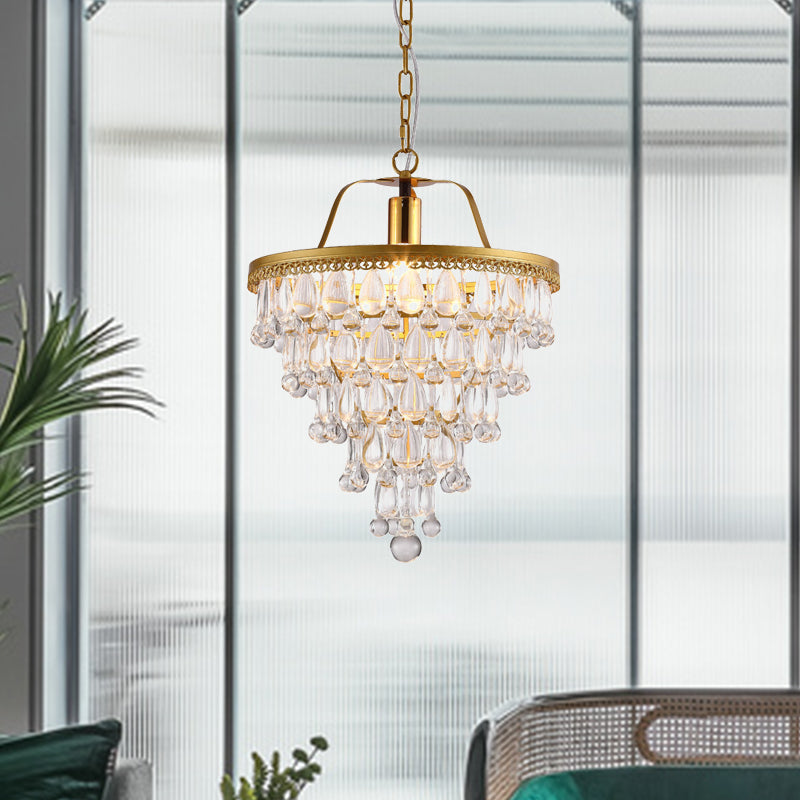 Contemporary Led Pendant With Crystal Teardrop & Gold Trim - Dining Table Lighting