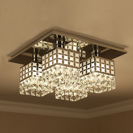 Contemporary Crystal Ceiling Fixture: Silver Square Semi-Flush Mount with 8 Clear Heads