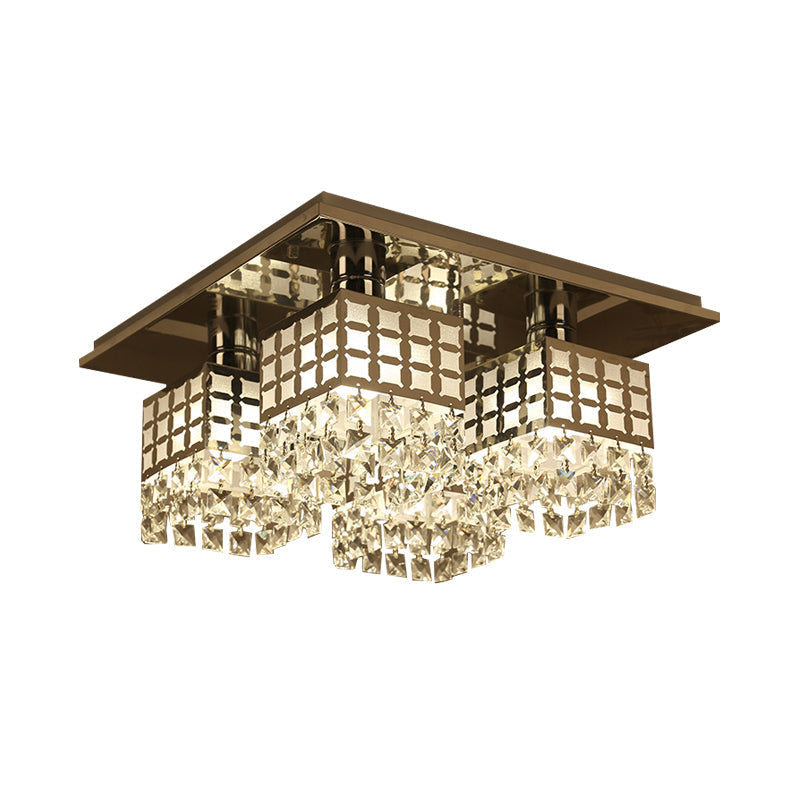 Contemporary Crystal Ceiling Fixture: Silver Square Semi-Flush Mount with 8 Clear Heads