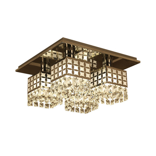 Contemporary Crystal Ceiling Fixture: Silver Square Semi-Flush Mount With 8 Clear Heads