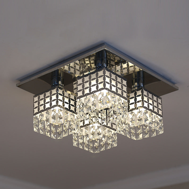 Contemporary Crystal Ceiling Fixture: Silver Square Semi-Flush Mount with 8 Clear Heads