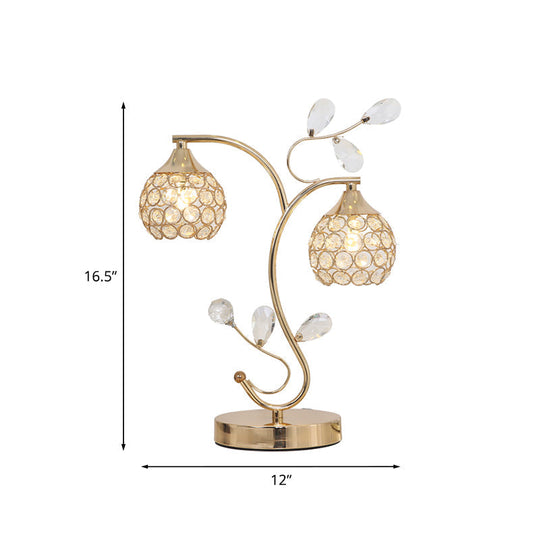 Modernist Flower Vine Table Light With Crystal-Encrusted Dome Shade - Gold