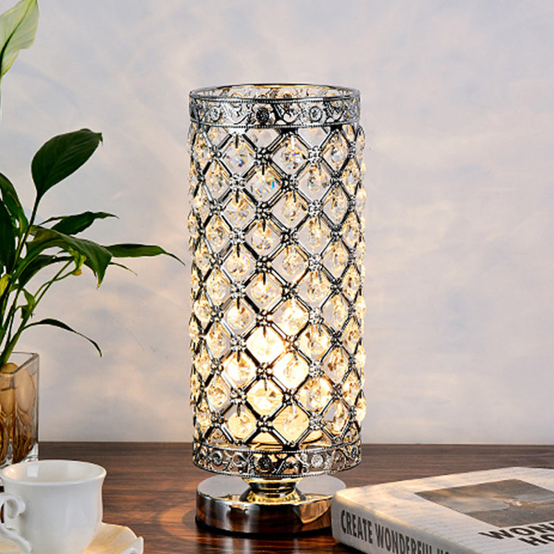 Polished Silver Table Lamp - Stylish Crystal Trellis Design With Single Bulb Modern Nightstand Light