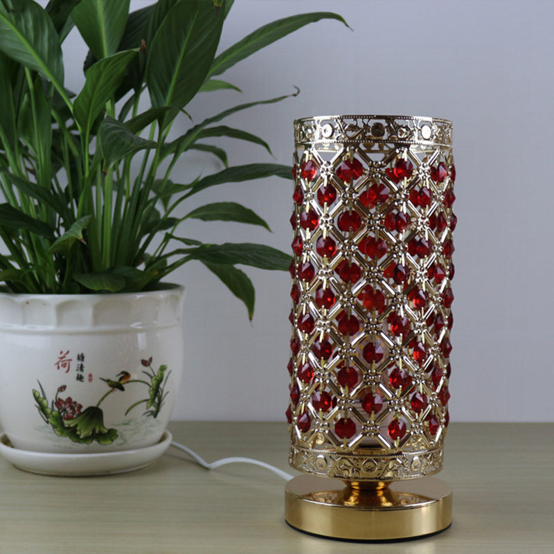 Modernist Red Crystal Lattice Night Lamp - Gold Table Light