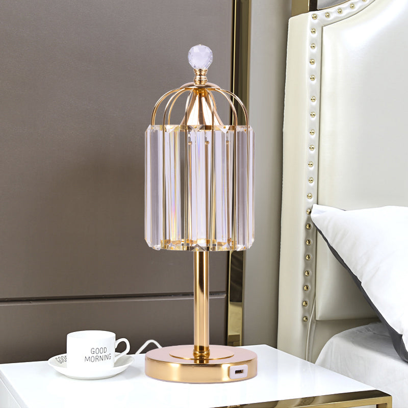 Vintage Gold Cage Top Led Night Lamp With Crystal Prism For Bedroom