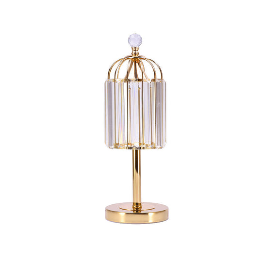 Vintage Gold Cage Top Led Night Lamp With Crystal Prism For Bedroom