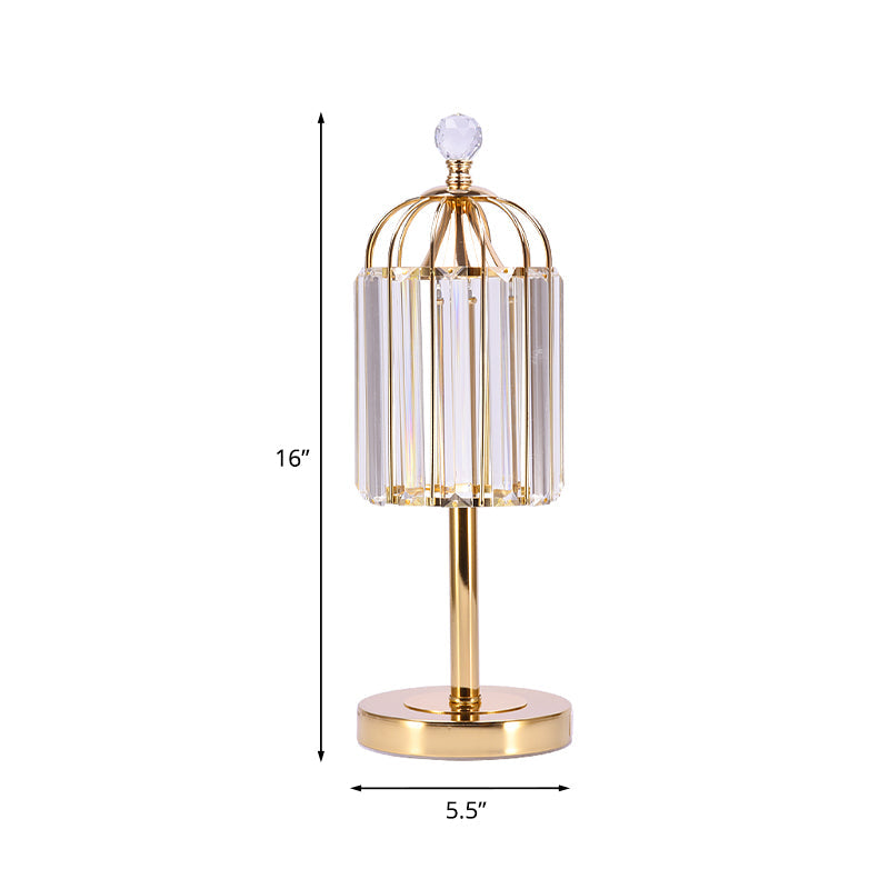 Vintage Gold Cage Top Led Night Lamp With Crystal Prism For Bedroom